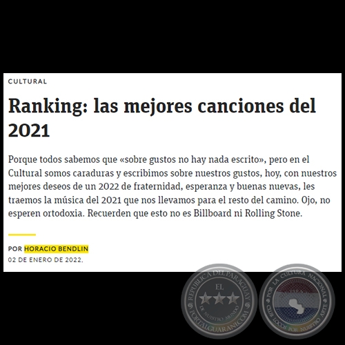 RANKING: LAS MEJORES CANCIONES DEL 2021 - Por HORACIO BENDLIN - Domingo, 02 de Enero de 2022